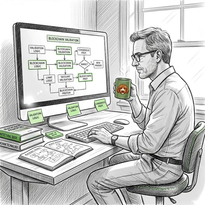 Architect reviewing blockchain validation flowcharts