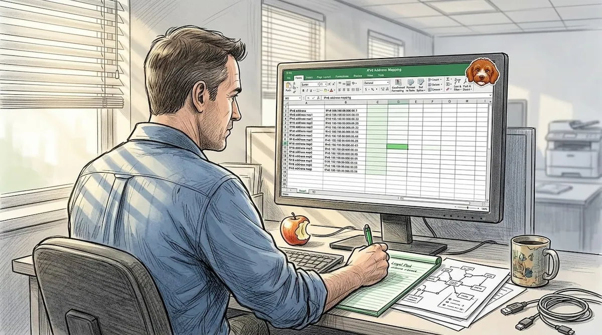 Network admin reviewing IPv6 address map in office