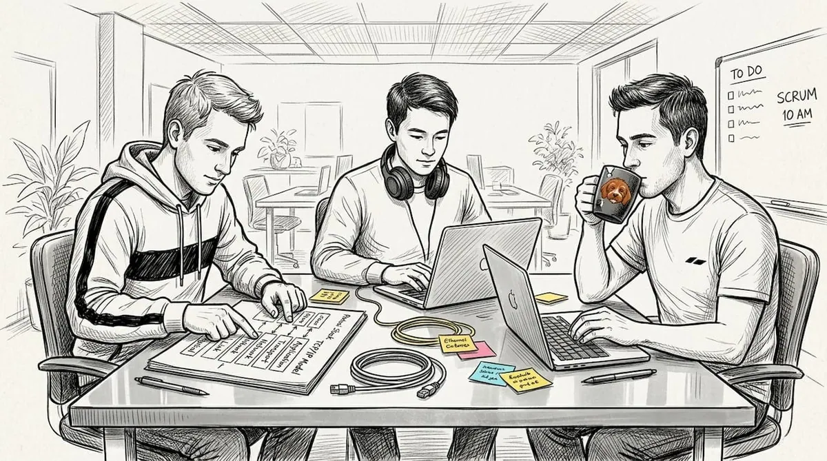 Engineers discussing protocol overlay diagrams