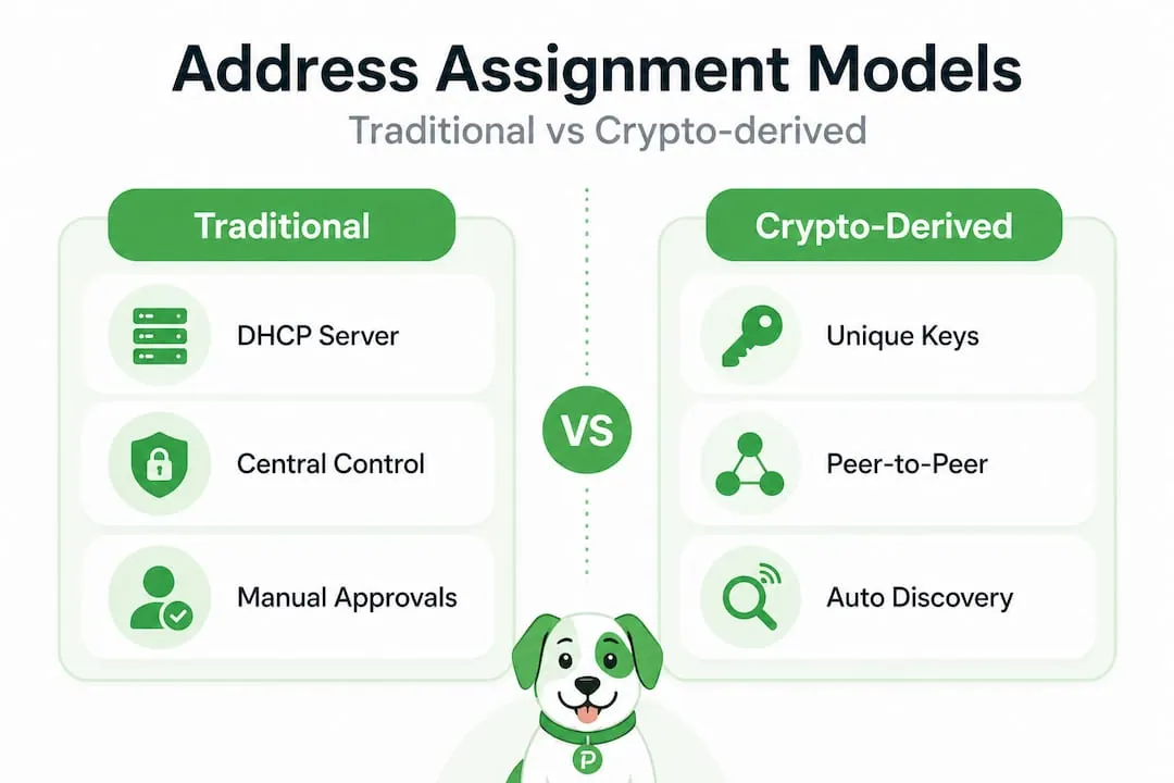 Infographic comparing traditional vs crypto-derived address assignment